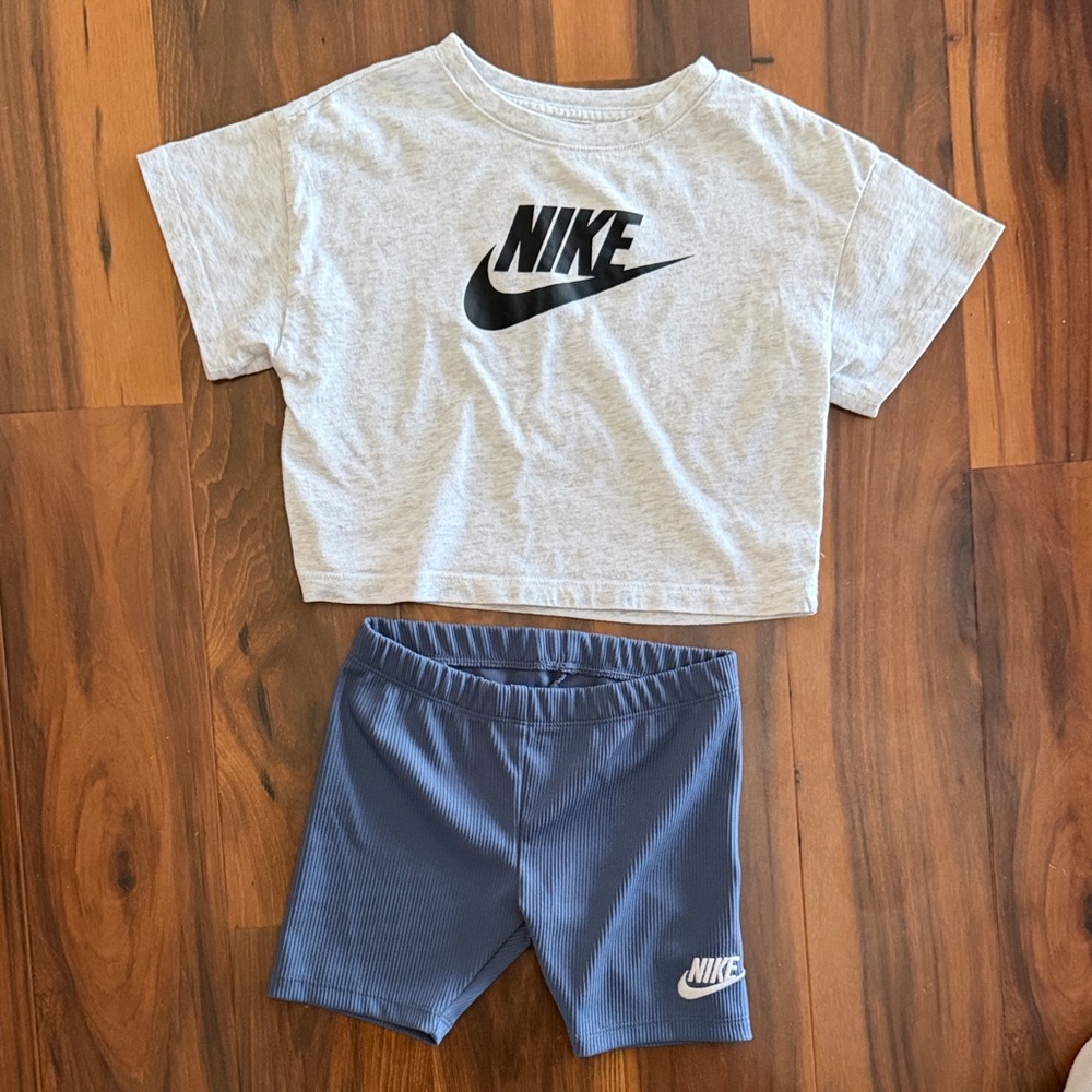 Nike Heather Gray Crop Top and Navy Shorts Set
